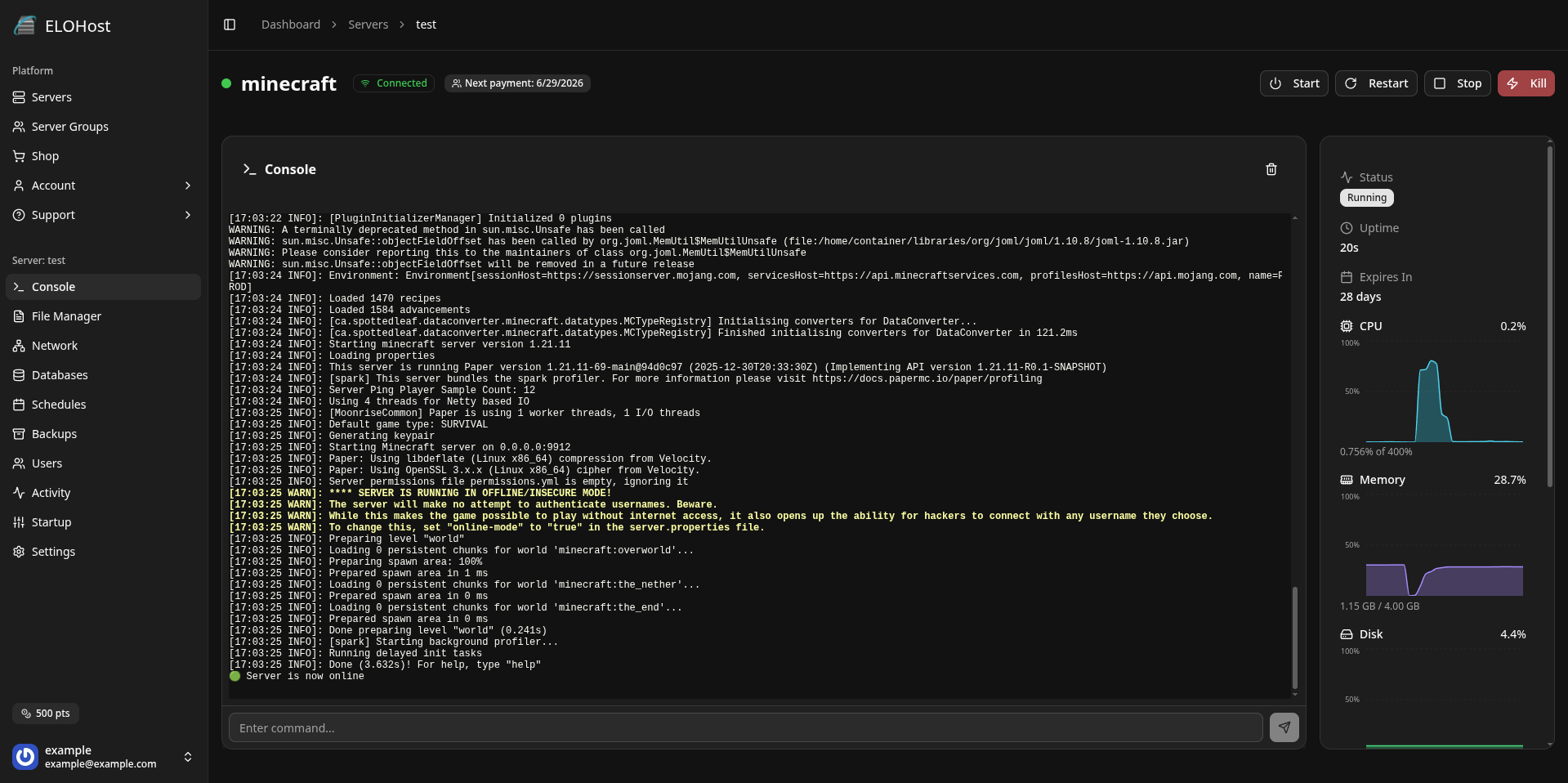 ELOHost control panel screenshot