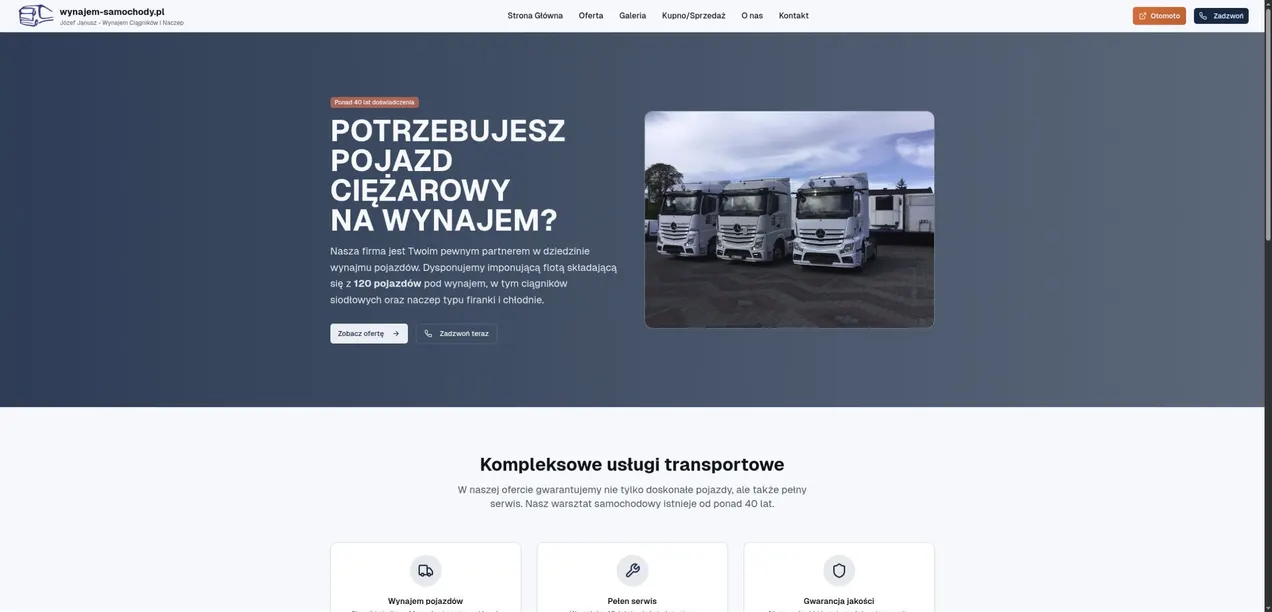 Wynajem Samochody website homepage with rental information and a photo of trucks.